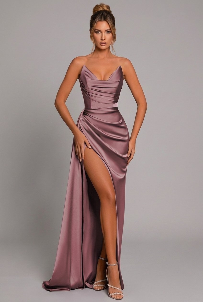 Robe Maxi Femme | Sans Bretelles, Décolleté en Cœur & Fente Jambes