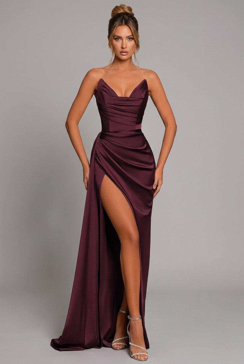 Robe Maxi Femme | Sans Bretelles, Décolleté en Cœur & Fente Jambes