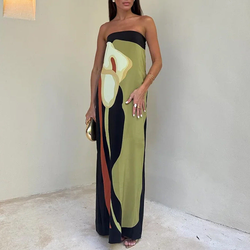 Robe Maxi Femme | Bandeau Sans Bretelles & Imprimé Artistique Grand Format