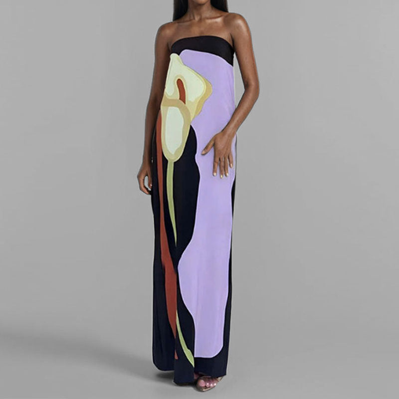 Robe Maxi Femme | Bandeau Sans Bretelles & Imprimé Artistique Grand Format
