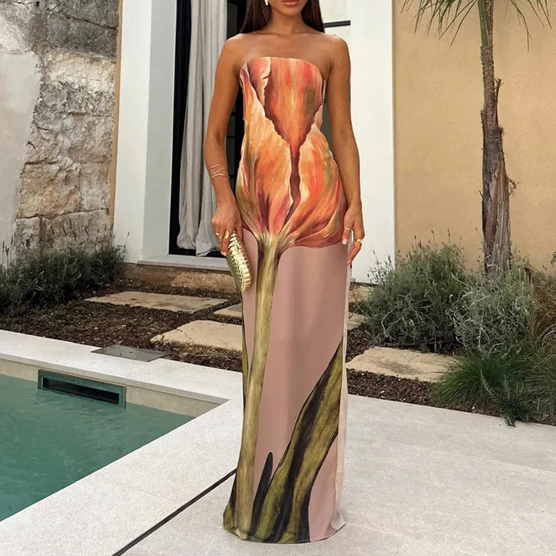 Robe Maxi Femme | Bandeau Sans Bretelles & Imprimé Artistique Grand Format
