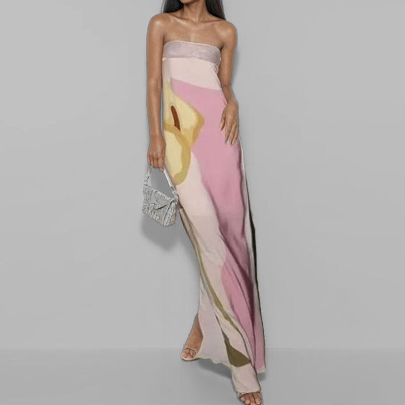 Robe Maxi Femme | Bandeau Sans Bretelles & Imprimé Artistique Grand Format