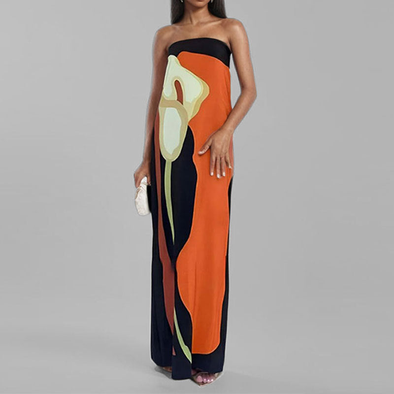 Robe Maxi Femme | Bandeau Sans Bretelles & Imprimé Artistique Grand Format