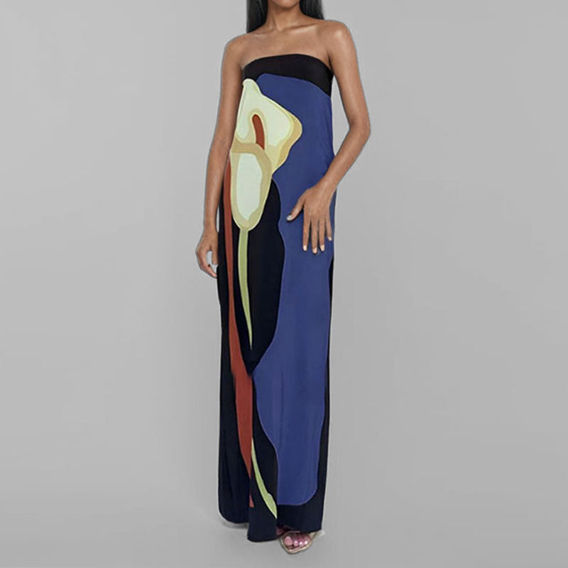 Robe Maxi Femme | Bandeau Sans Bretelles & Imprimé Artistique Grand Format