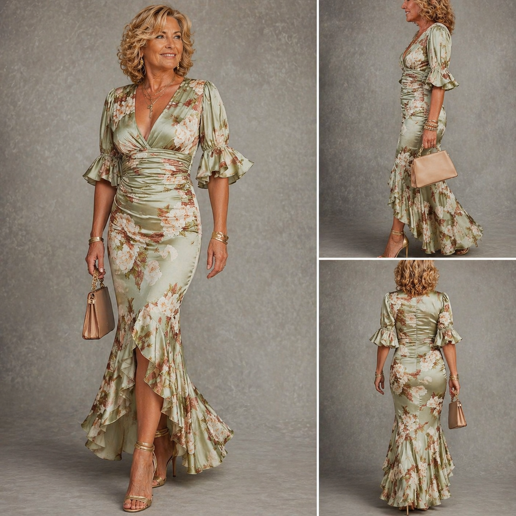 Robe Maxi Femme | Robe en Satin Florale avec Volants & Coupe Ajustée