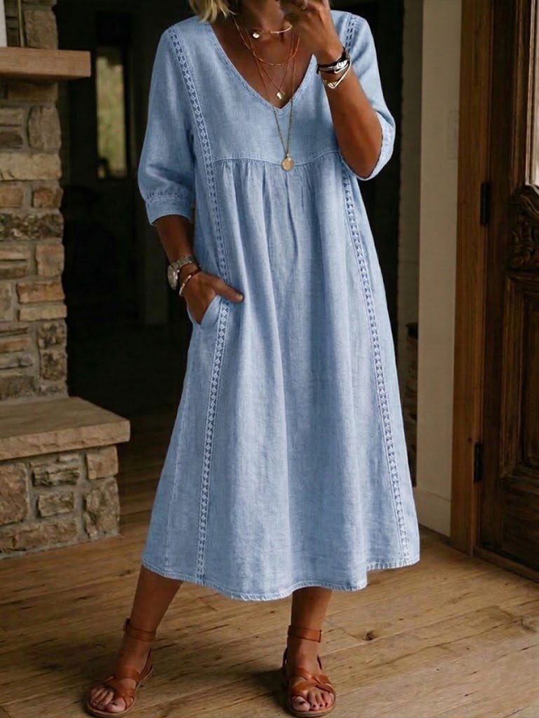 Robe Midi Femme | Col en V & Coupe Fluide