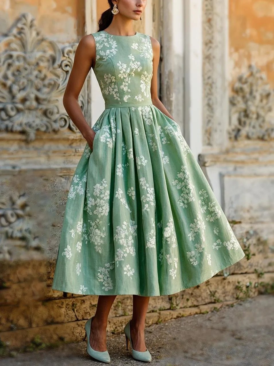 Robe Midi Femme | Imprimé Floral & Jupe Plissée Évasée