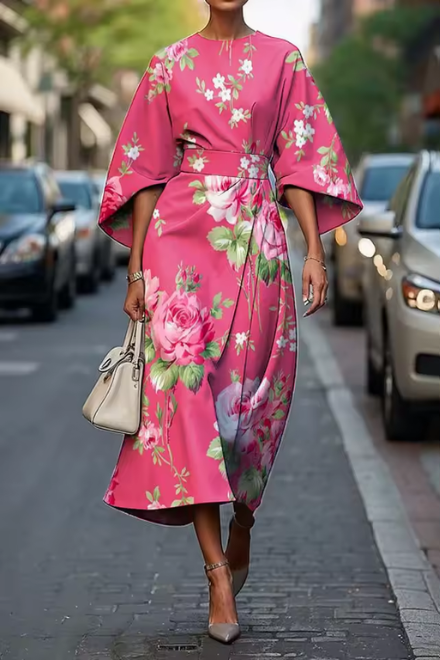 Robe Midi Femme | Imprimé Floral Artistique & Silhouette Élégante de Kimono
