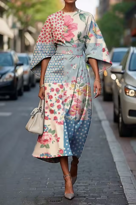 Robe Midi Femme | Imprimé Floral Artistique & Silhouette Élégante de Kimono