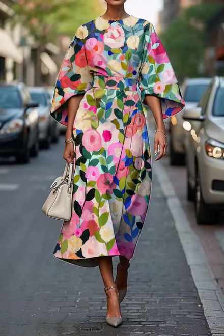 Robe Midi Femme | Imprimé Floral Artistique & Silhouette Élégante de Kimono
