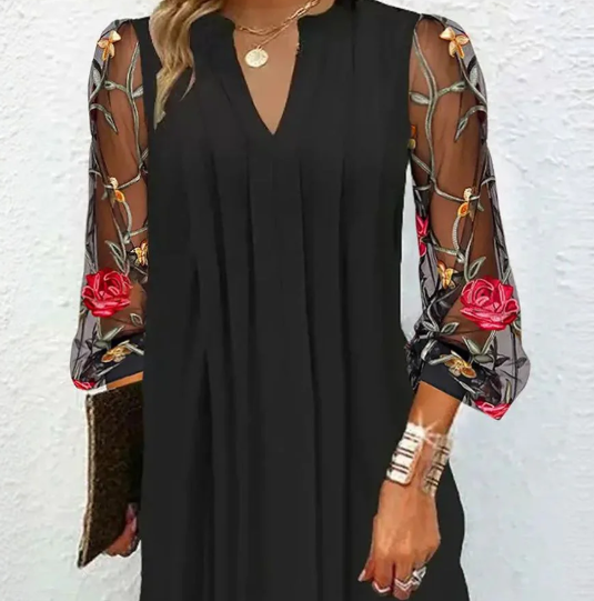 Robe Mini Femme | Manches en Mesh Brodées & Élégant Décolleté en V