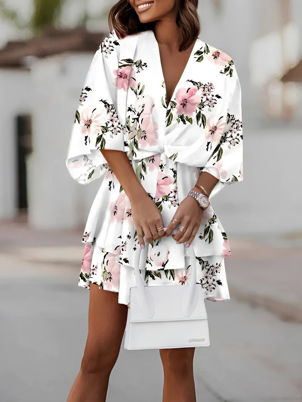 Robe Mini Femme | Motif Floral & Décolleté en V avec Manches Kimono