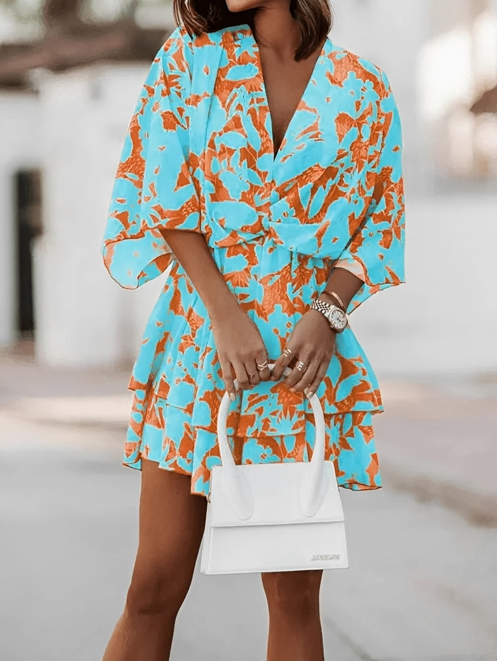 Robe Mini Femme | Motif Floral & Décolleté en V avec Manches Kimono