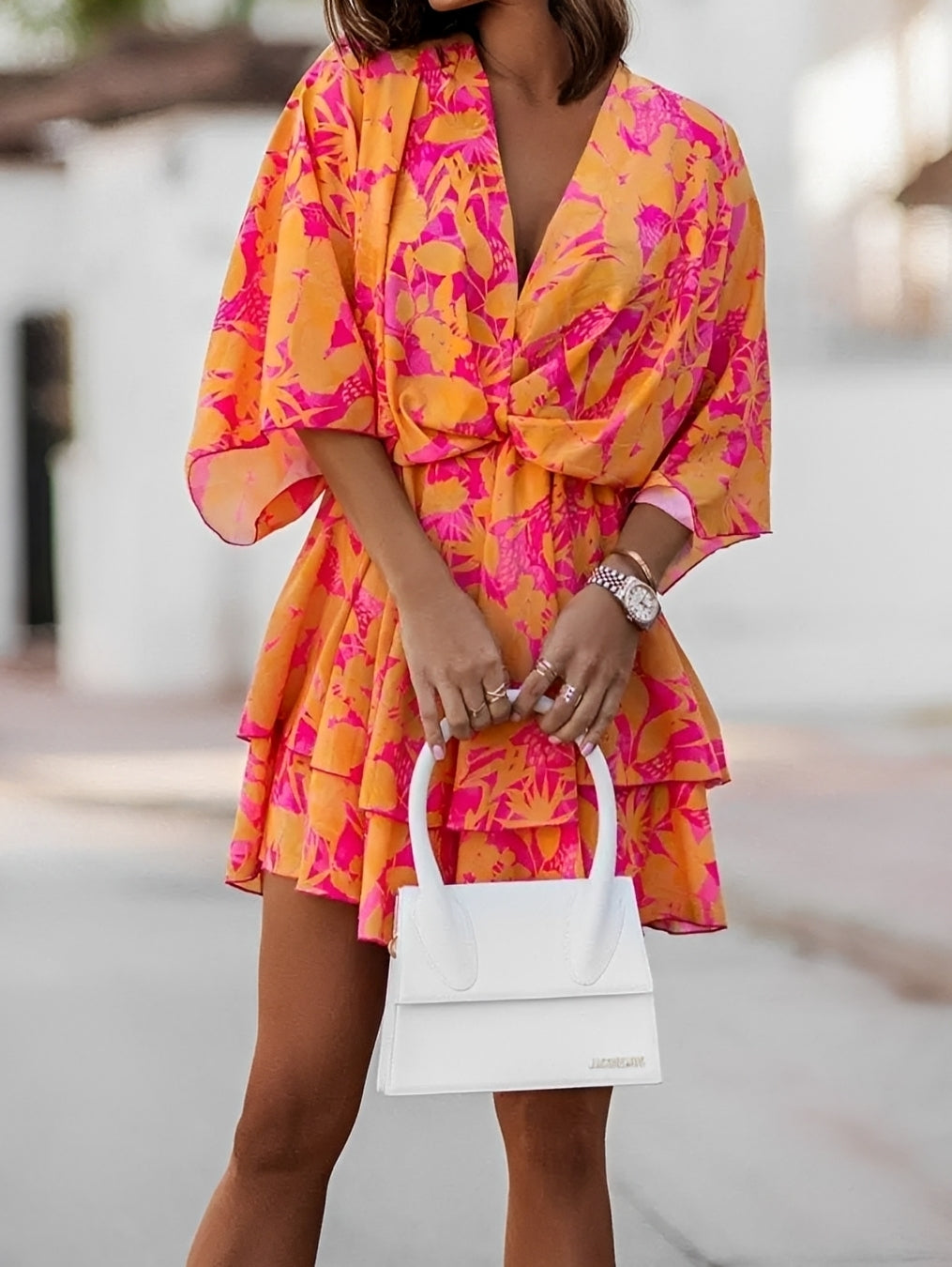 Robe Mini Femme | Motif Floral & Décolleté en V avec Manches Kimono