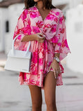 Robe Mini Femme | Motif Floral & Décolleté en V avec Manches Kimono