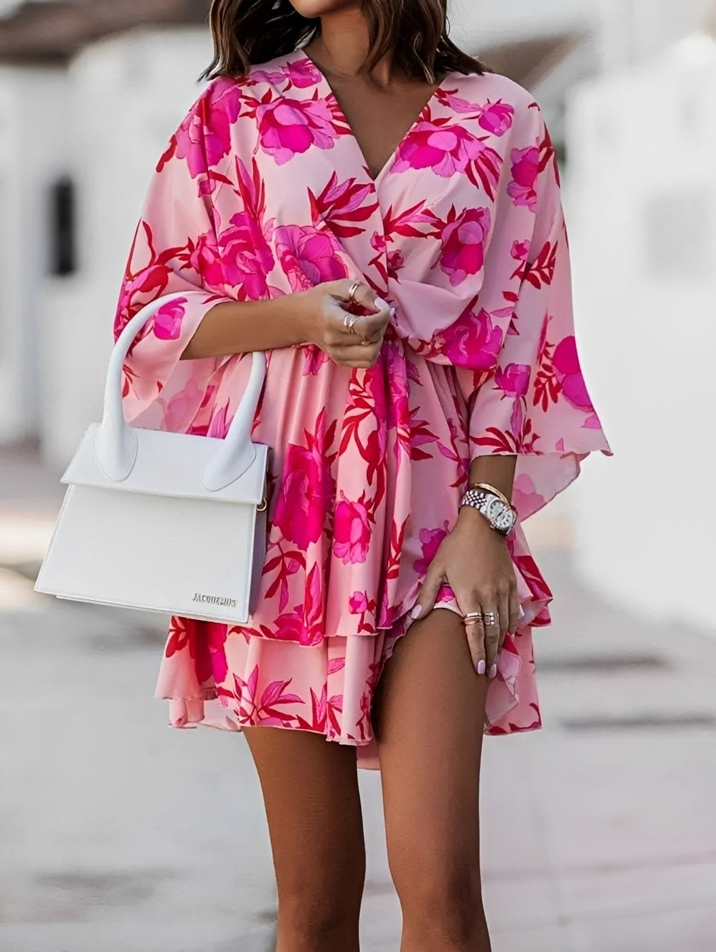 Robe Mini Femme | Motif Floral & Décolleté en V avec Manches Kimono