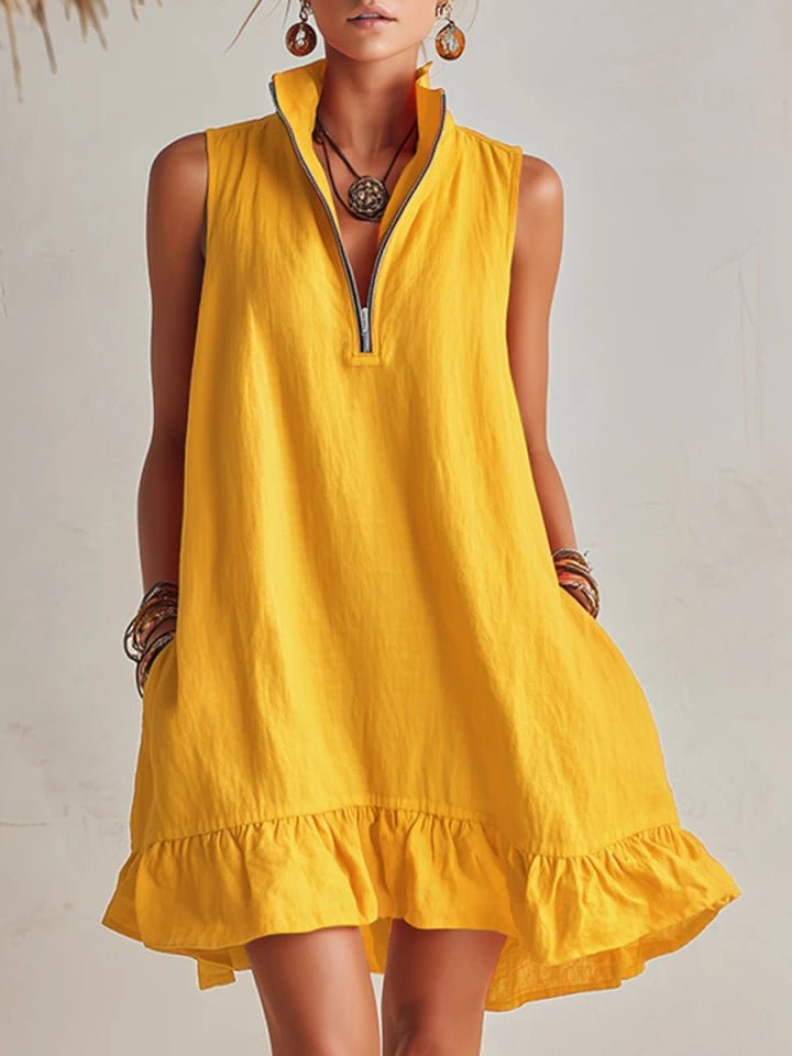 Robe Mini Femme | Col Montant & Ourlet Volanté