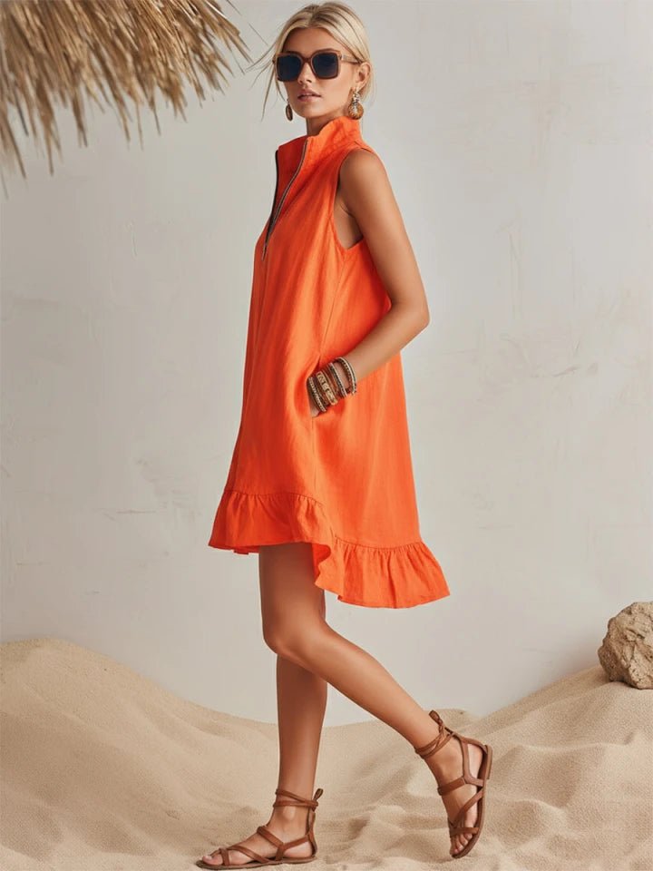 Robe Mini Femme | Col Montant & Ourlet Volanté