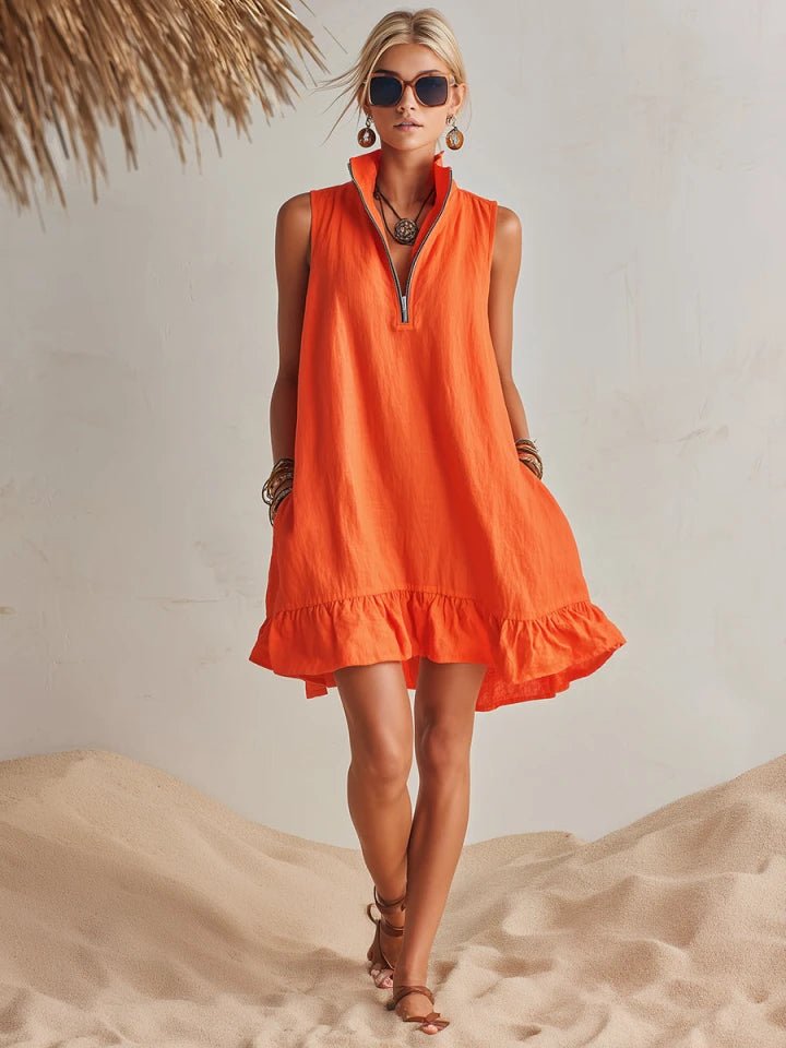 Robe Mini Femme | Col Montant & Ourlet Volanté