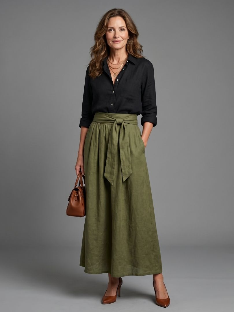Vera | Ensemble de Deux Pièces Blouse Noire Jupe Midi Vert Olive