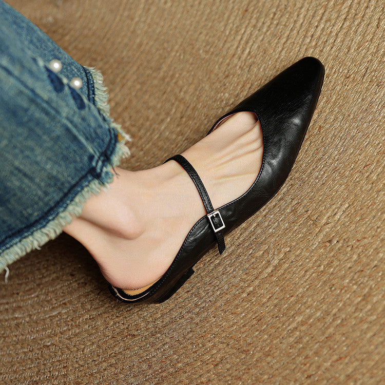 Sabots en Cuir Véritable à Bout Pointu et Boucle pour Femme