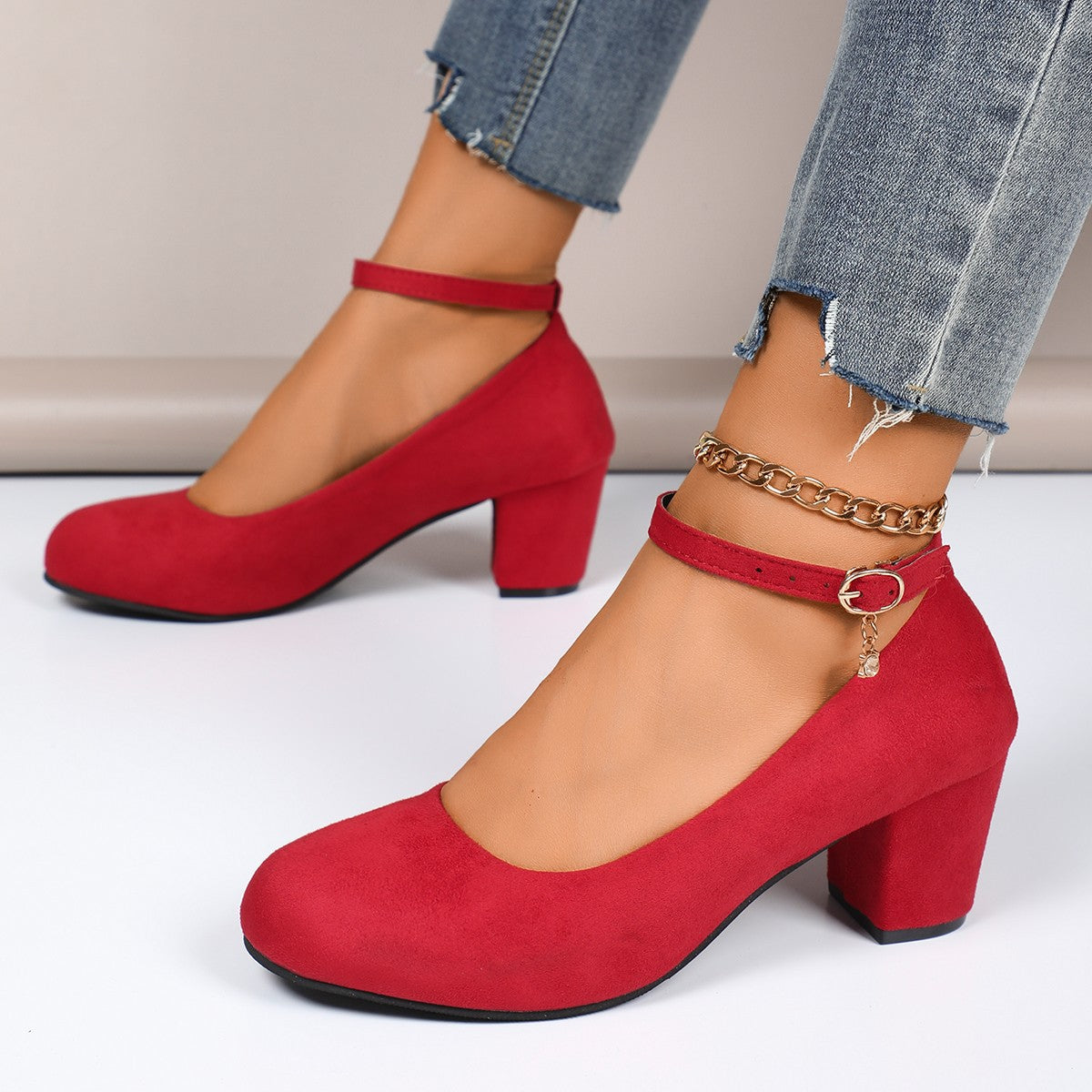 Pompes à talons bloc pour femmes avec bride de cheville réglable en velours doux Echoarchiv