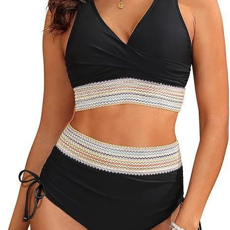 Bikini Femme Taille Haute avec Élégante Optique Enveloppante et Ceinture Décorative Echoarchiv