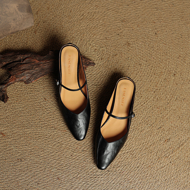 Sabots en Cuir Véritable à Bout Pointu et Boucle pour Femme