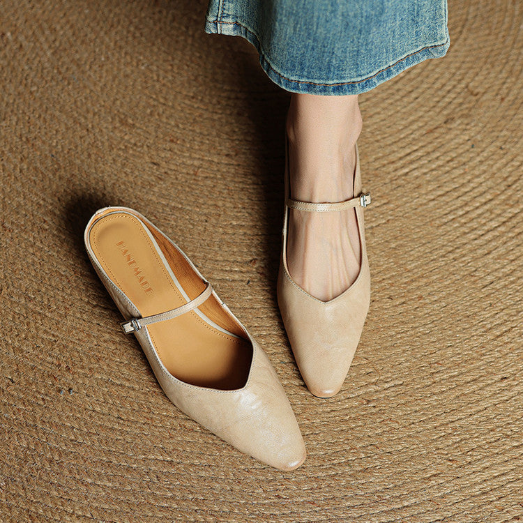 Sabots en Cuir Véritable à Bout Pointu et Boucle pour Femme