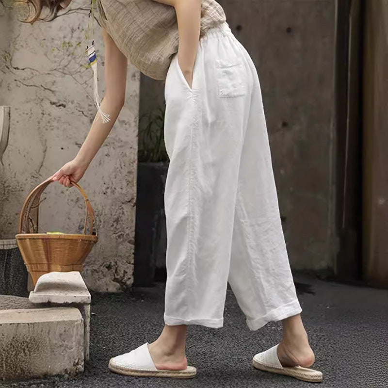 Pantalon en lin décontracté pour femmes avec taille élastique et poches latérales Echoarchiv
