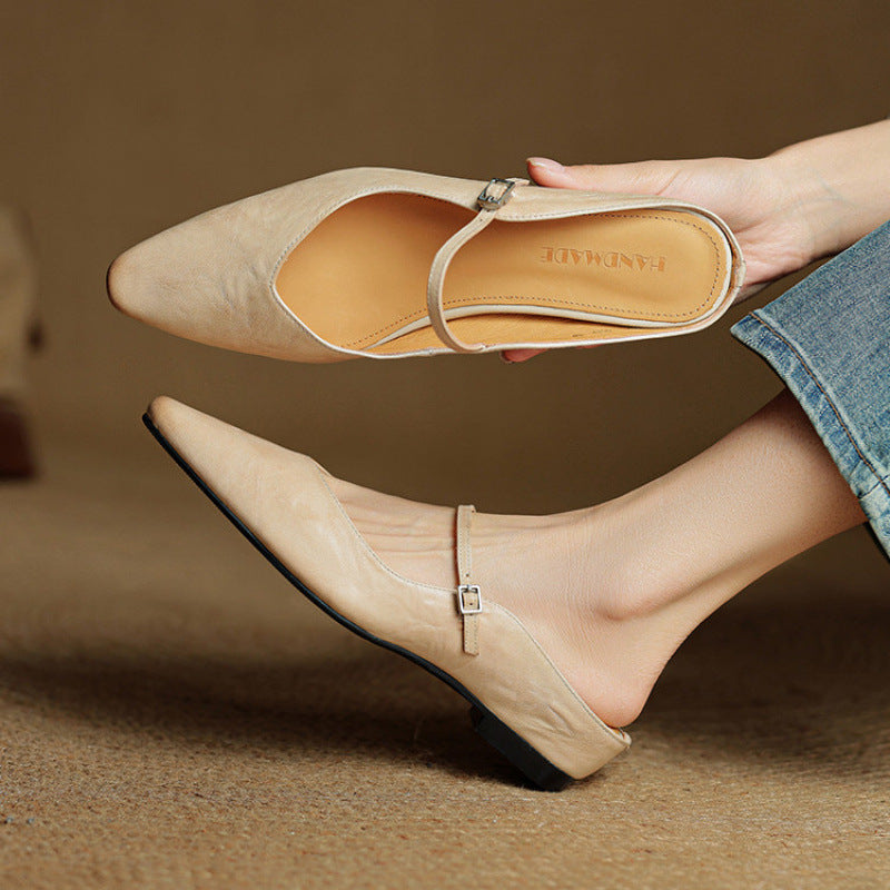 Sabots en Cuir Véritable à Bout Pointu et Boucle pour Femme