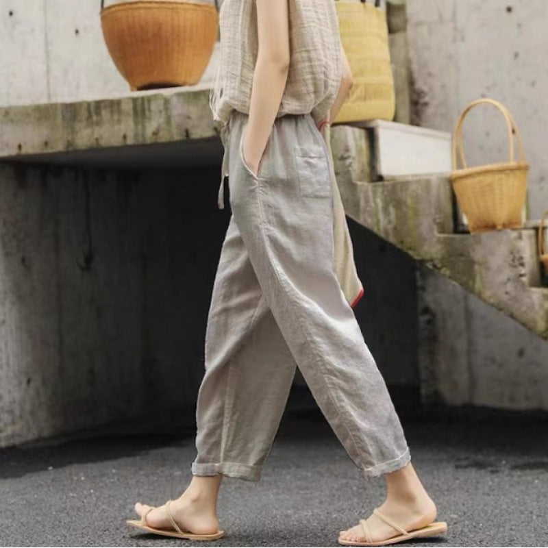 Pantalon en lin décontracté pour femmes avec taille élastique et poches latérales Echoarchiv