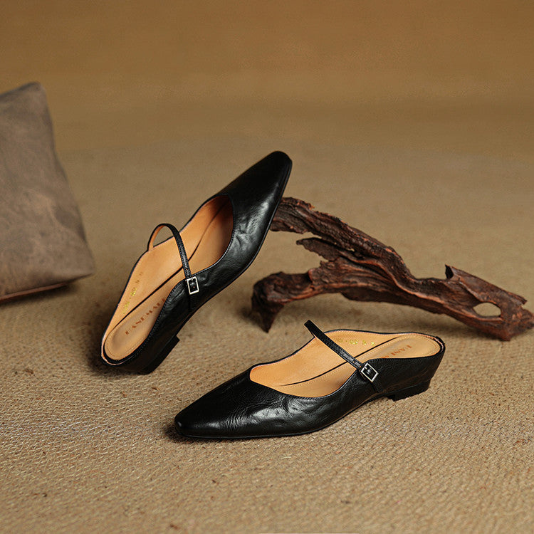 Sabots en Cuir Véritable à Bout Pointu et Boucle pour Femme