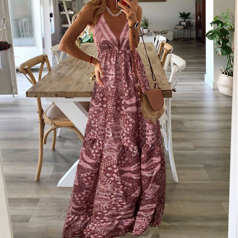 Robe Maxi à Bretelles Fines avec Col en V et Imprimé Bohème pour Femme