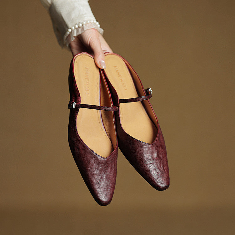 Sabots en Cuir Véritable à Bout Pointu et Boucle pour Femme