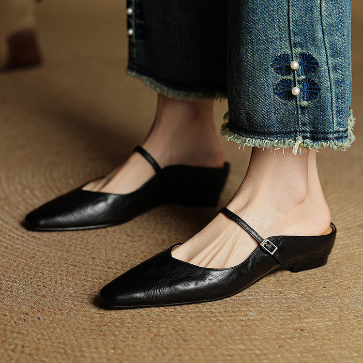 Sabots en Cuir Véritable à Bout Pointu et Boucle pour Femme
