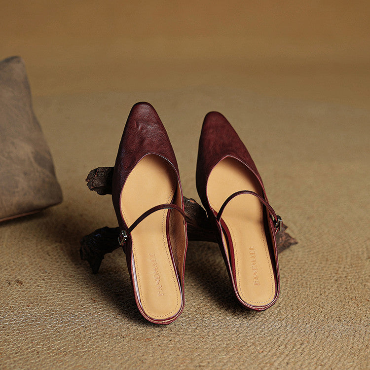 Sabots en Cuir Véritable à Bout Pointu et Boucle pour Femme