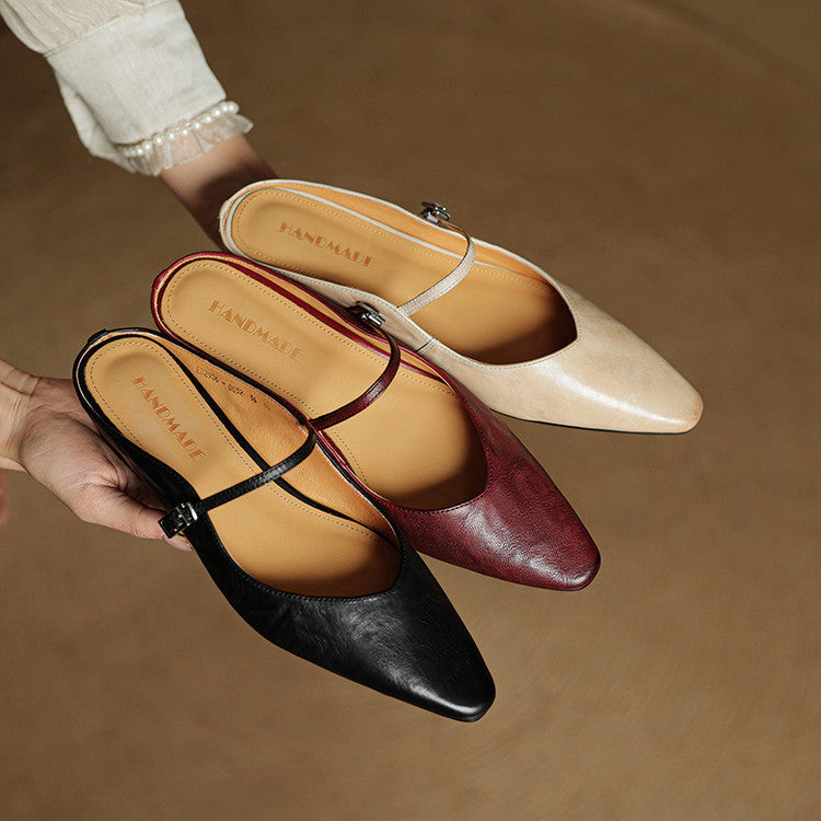 Sabots en Cuir Véritable à Bout Pointu et Boucle pour Femme