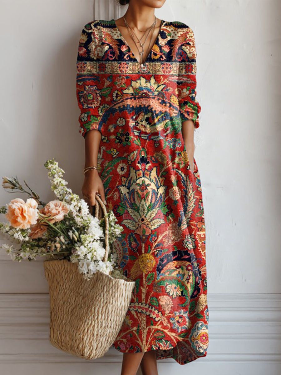 MOREAU LYON | ROBE MIDI EN LIN FLORAL ANCIEN POUR FEMMES