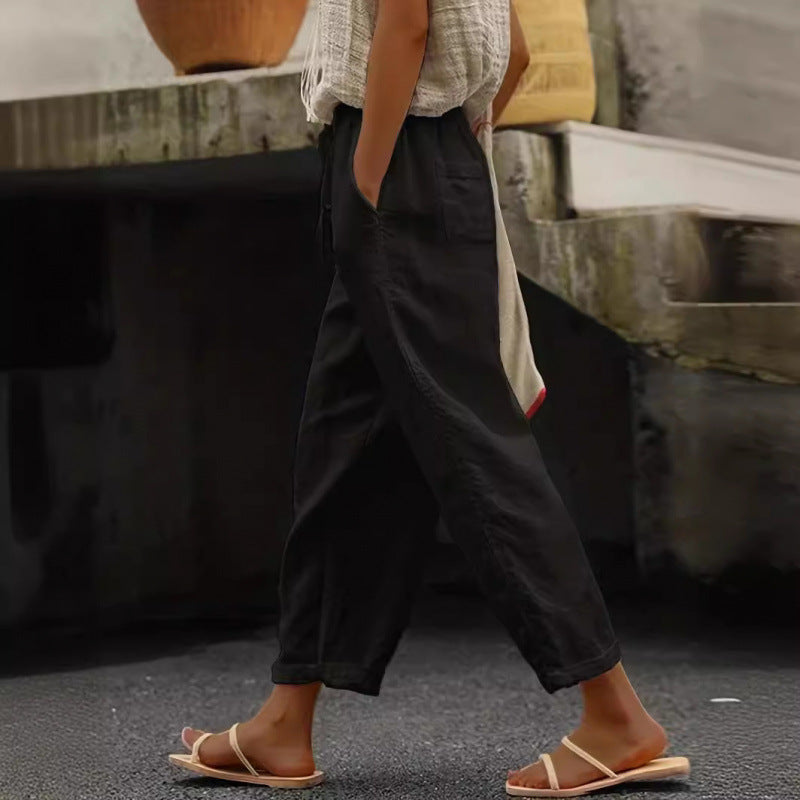 Pantalon en lin décontracté pour femmes avec taille élastique et poches latérales Echoarchiv