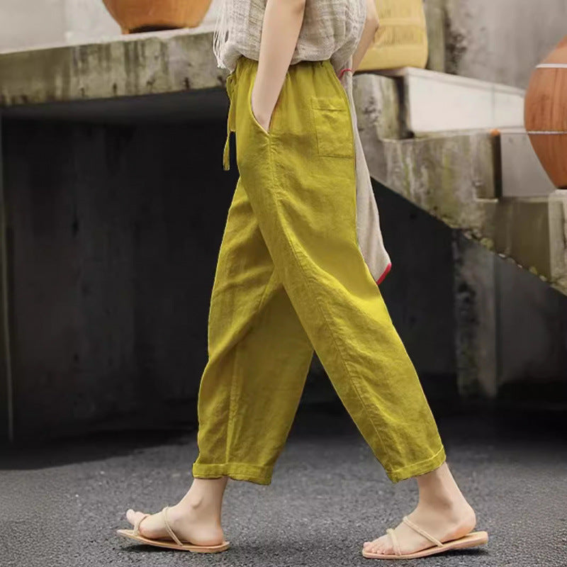 Pantalon en lin décontracté pour femmes avec taille élastique et poches latérales Echoarchiv