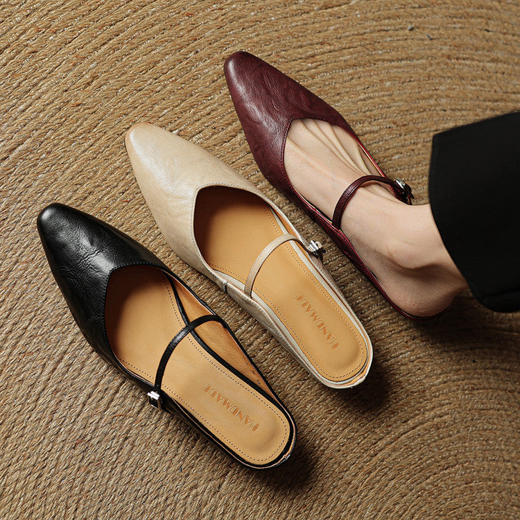 Sabots en Cuir Véritable à Bout Pointu et Boucle pour Femme