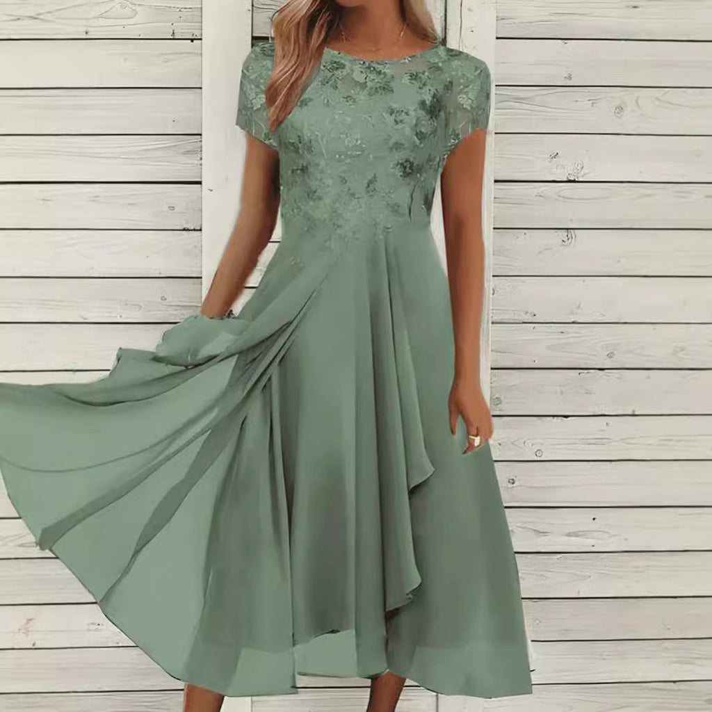 Robe midi en chiffon élégant pour femmes avec application en dentelle florale et jupe évasée fluide Echo Archiv