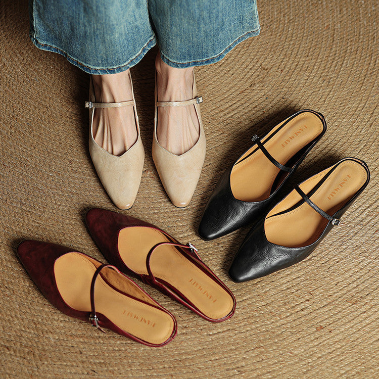 Sabots en Cuir Véritable à Bout Pointu et Boucle pour Femme