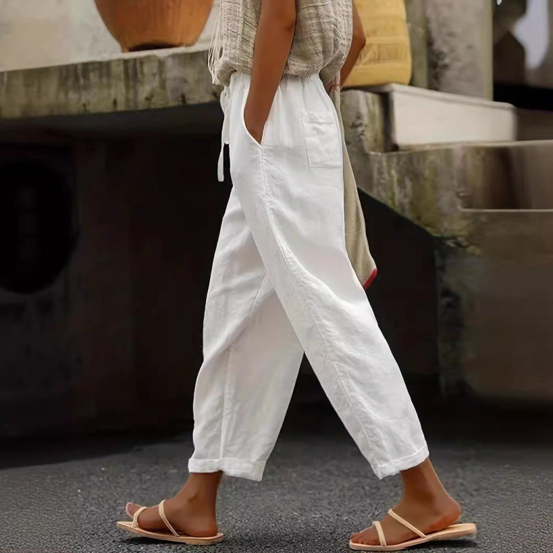 Pantalon en lin décontracté pour femmes avec taille élastique et poches latérales Echoarchiv
