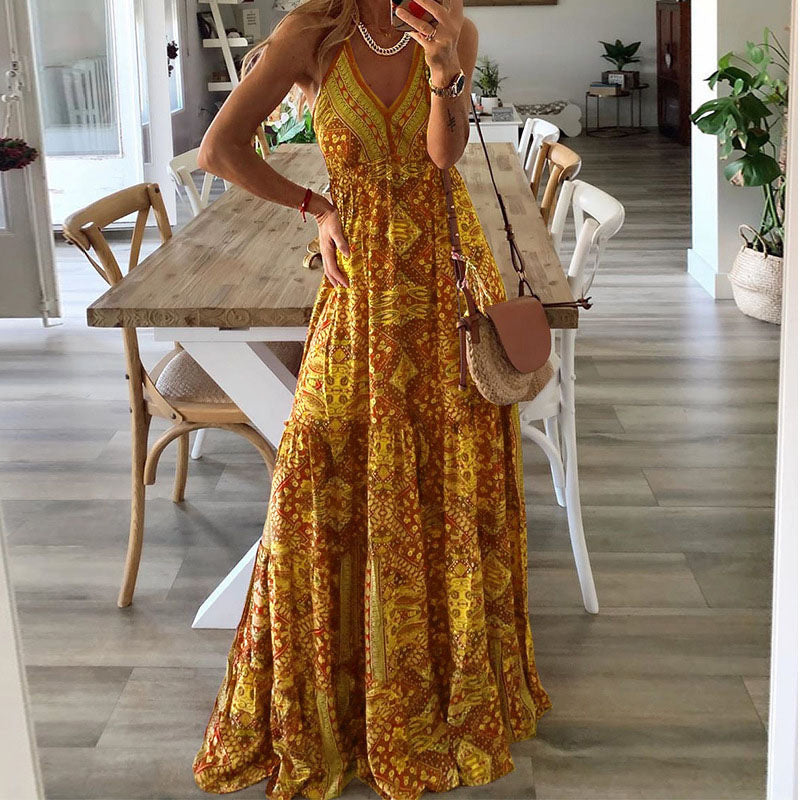 Robe Maxi à Bretelles Fines avec Col en V et Imprimé Bohème pour Femme