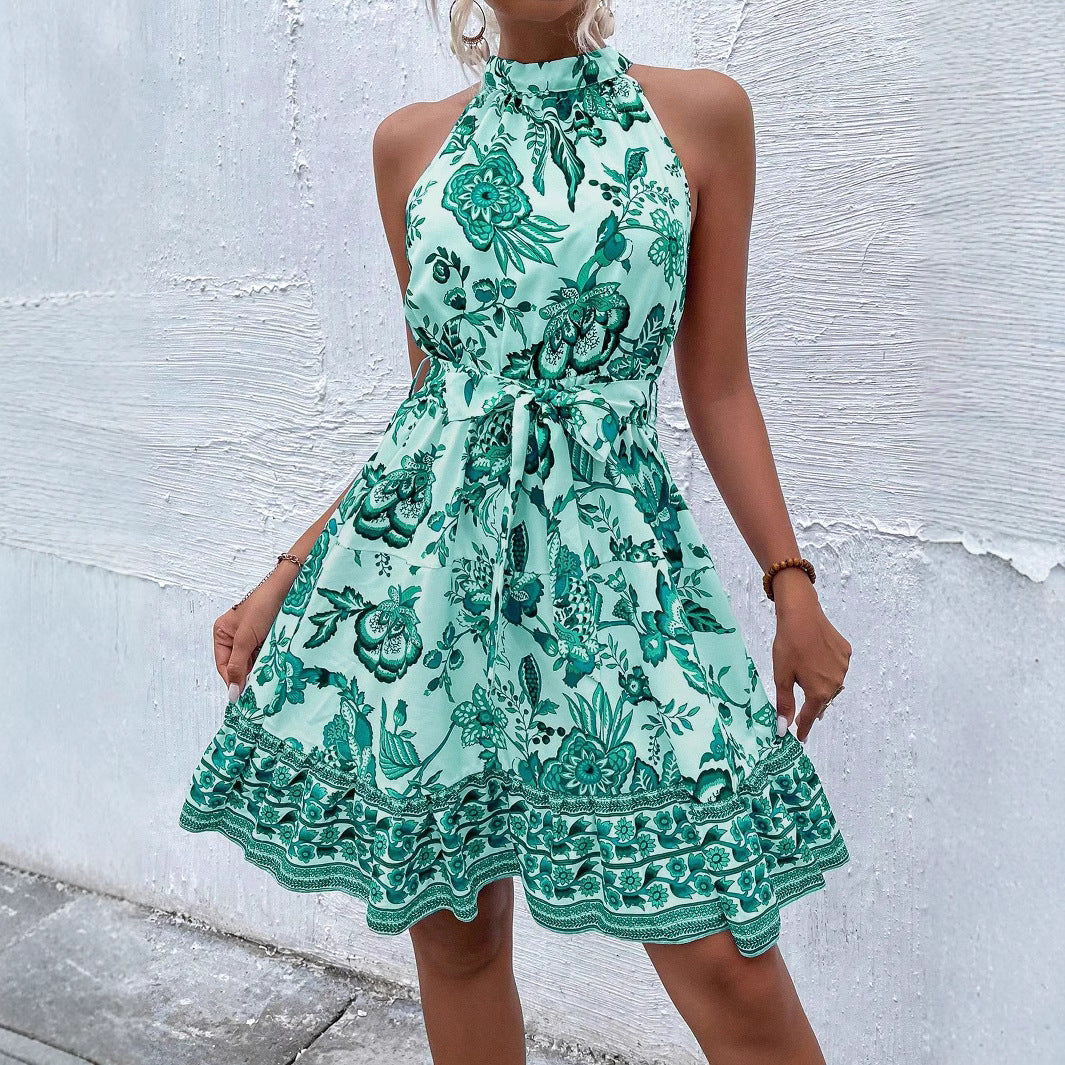 Robe à Col Halter avec Imprimé Floral, Taille avec Nœud et Coupe en A pour Femme