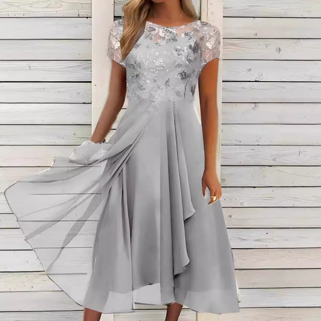 Robe midi en chiffon élégant pour femmes avec application en dentelle florale et jupe évasée fluide Echo Archiv