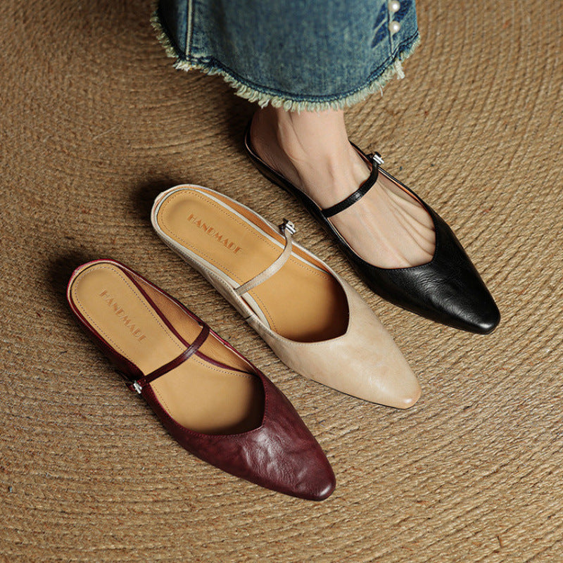 Sabots en Cuir Véritable à Bout Pointu et Boucle pour Femme