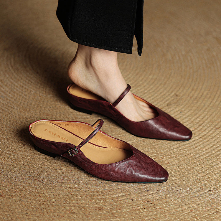 Sabots en Cuir Véritable à Bout Pointu et Boucle pour Femme